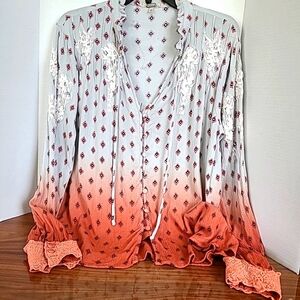 Gimmicks Women's Lace Decorated Blouse Size L Light Grey/Orange Boho Hippie
